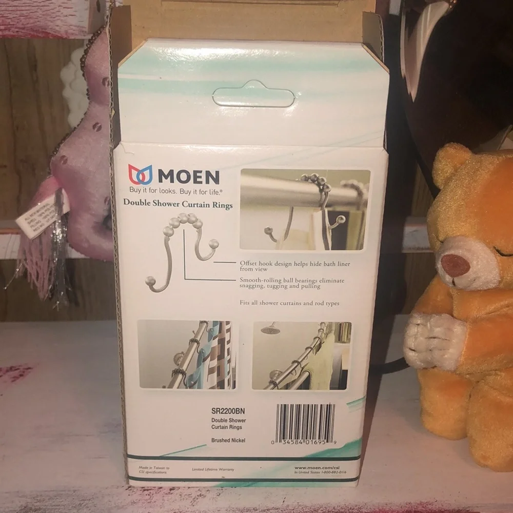 New In Box “MOEN” Double Shower Curtain Rings-Brushed Nickel